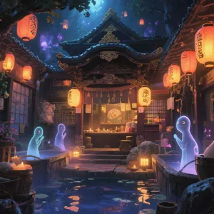 An enchanted bathhouse with glowing lanterns and spirits. Recreate the visual style of 'Spirited Away' by Studio Ghibli, with Miyazaki's ornate architecture and magical atmosphere. - Bytedance Seedream 3.0