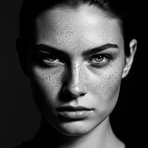 A black and white close-up portrait of a freckled woman with an intense gaze. - Google Imagen 4.0 Ultra