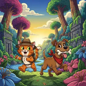 A cartoon of a cat and a dog on an adventure, drawn in a colorful 2D style. - Google Imagen 4.0 Ultra