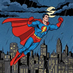 A comic-book style superhero flying over a city at night, with halftone shading. - Google Imagen 4.0 Ultra
