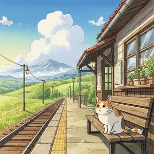 A countryside train station with a cat waiting on a bench. Rendered in Studio Ghibli animation style with Miyazaki's watercolor backgrounds and hand-drawn quality. - Google Imagen 4.0 Ultra
