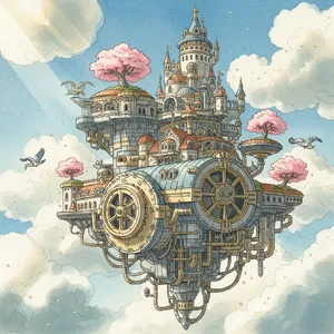 A floating steampunk castle in the sky with intricate mechanical gears and cherry blossom trees, illustrated in Hayao Miyazaki's Castle in the Sky (1986) art style with watercolor textures and detailed line work. - Google Imagen 4.0 Ultra