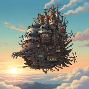 A flying castle floating in clouds at sunrise. Match the visual aesthetic of 'Howl's Moving Castle' by Studio Ghibli, with Miyazaki's blend of steampunk elements and fantasy. - Google Imagen 4.0 Ultra