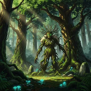 A forest spirit standing among tall trees. Replicate the artistic style of 'Princess Mononoke' by Studio Ghibli, with Miyazaki's detailed environments and mystical creature design. - Google Imagen 4.0 Ultra