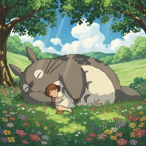 A girl and a giant fluffy creature napping in a wildflower meadow. Reproduce the art style of 'My Neighbor Totoro' by Studio Ghibli, with Miyazaki's soft character designs. - Google Imagen 4.0 Ultra