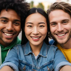 A group selfie of three friends of different ethnic backgrounds smiling at the camera. - Google Imagen 4.0 Ultra