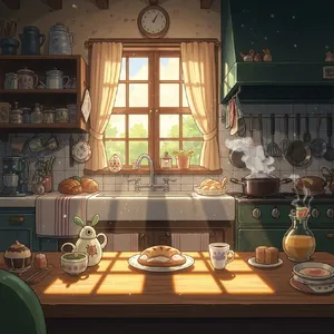 A kitchen with magical cooking implements preparing breakfast. Duplicate the artistic style of Studio Ghibli's domestic scenes, with Miyazaki's detailed settings and warm lighting. - Google Imagen 4.0 Ultra