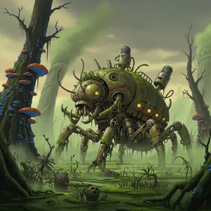 A mechanical creature in a polluted landscape. Capture the visual aesthetic of 'Nausicaä' by Studio Ghibli, with Miyazaki's mechanical designs and environmental contrast. - Google Imagen 4.0 Ultra