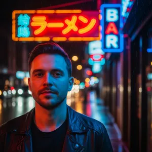 A nighttime portrait of a man lit by neon signs on a city street. - Google Imagen 4.0 Ultra