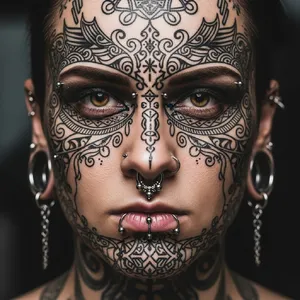 A portrait of a person with elaborate facial tattoos and piercings, shown in sharp detail. - Google Imagen 4.0 Ultra