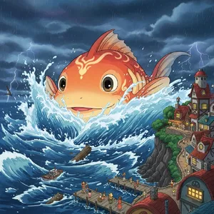 A sea creature rising from a stormy ocean near a village. Replicate the visual style of 'Ponyo' by Studio Ghibli, with Miyazaki's fluid water animations and vibrant creatures. - Google Imagen 4.0 Ultra