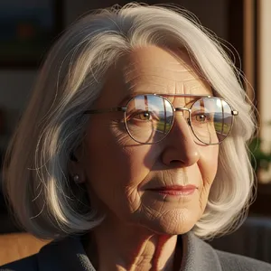 A ultra high-resolution portrait of an elderly woman with silver hair and bifocal glasses, each lens reflecting a distant landscape, captured in warm late-afternoon sunlight - Google Imagen 4.0 Ultra