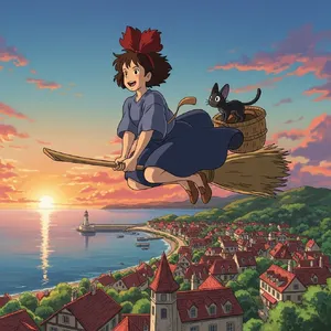 A young witch flying on a broomstick above a coastal town at sunset. Exact art style of 'Kiki's Delivery Service' by Studio Ghibli, with Miyazaki's character design and warm colors. - Google Imagen 4.0 Ultra