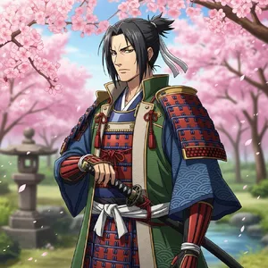 An anime-style portrait of a samurai standing under pink cherry blossoms. - Google Imagen 4.0 Ultra