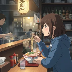An anime scene of a character eating ramen at a small shop counter (slice-of-life style). - Google Imagen 4.0 Ultra