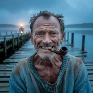 A 4K photo of an old fisherman with a weathered face and a pipe, grinning. - Ideogram Ideogram 3.0 (Quality)