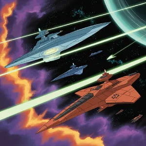 A 90s anime-style space battle scene with giant starships and laser beams. - Ideogram Ideogram 3.0 (Quality)