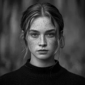 A black and white close-up portrait of a freckled woman with an intense gaze. - Ideogram Ideogram 3.0 (Quality)