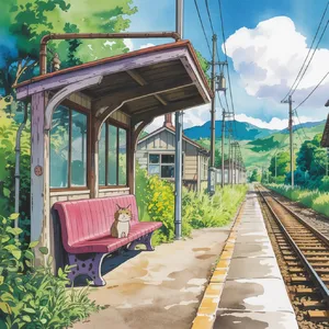A countryside train station with a cat waiting on a bench. Rendered in Studio Ghibli animation style with Miyazaki's watercolor backgrounds and hand-drawn quality. - Ideogram Ideogram 3.0 (Quality)