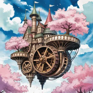 A floating steampunk castle in the sky with intricate mechanical gears and cherry blossom trees, illustrated in Hayao Miyazaki's Castle in the Sky (1986) art style with watercolor textures and detailed line work. - Ideogram Ideogram 3.0 (Quality)