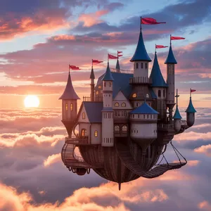A flying castle floating in clouds at sunrise. Match the visual aesthetic of 'Howl's Moving Castle' by Studio Ghibli, with Miyazaki's blend of steampunk elements and fantasy. - Ideogram Ideogram 3.0 (Quality)