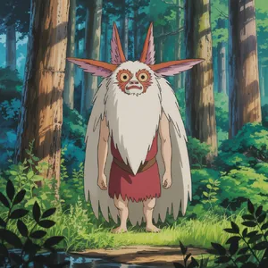 A forest spirit standing among tall trees. Replicate the artistic style of 'Princess Mononoke' by Studio Ghibli, with Miyazaki's detailed environments and mystical creature design. - Ideogram Ideogram 3.0 (Quality)