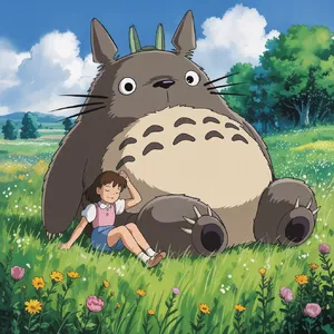 A girl and a giant fluffy creature napping in a wildflower meadow. Reproduce the art style of 'My Neighbor Totoro' by Studio Ghibli, with Miyazaki's soft character designs. - Ideogram Ideogram 3.0 (Quality)