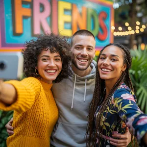 A group selfie of three friends of different ethnic backgrounds smiling at the camera. - Ideogram Ideogram 3.0 (Quality)