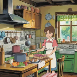 A kitchen with magical cooking implements preparing breakfast. Duplicate the artistic style of Studio Ghibli's domestic scenes, with Miyazaki's detailed settings and warm lighting. - Ideogram Ideogram 3.0 (Quality)