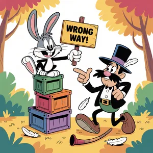 A Looney Tunes-inspired cartoon scene of a clever rabbit tricking a hunter. - Ideogram Ideogram 3.0 (Quality)