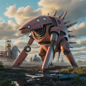 A mechanical creature in a polluted landscape. Capture the visual aesthetic of 'Nausicaä' by Studio Ghibli, with Miyazaki's mechanical designs and environmental contrast. - Ideogram Ideogram 3.0 (Quality)