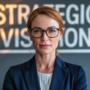 A professional headshot of a businesswoman wearing glasses, against a blurred background. - Ideogram Ideogram 3.0 (Quality)