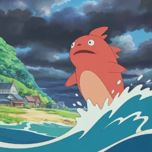 A sea creature rising from a stormy ocean near a village. Replicate the visual style of 'Ponyo' by Studio Ghibli, with Miyazaki's fluid water animations and vibrant creatures. - Ideogram Ideogram 3.0 (Quality)