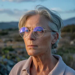 A ultra high-resolution portrait of an elderly woman with silver hair and bifocal glasses, each lens reflecting a distant landscape, captured in warm late-afternoon sunlight - Ideogram Ideogram 3.0 (Quality)
