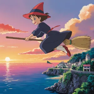 A young witch flying on a broomstick above a coastal town at sunset. Exact art style of 'Kiki's Delivery Service' by Studio Ghibli, with Miyazaki's character design and warm colors. - Ideogram Ideogram 3.0 (Quality)