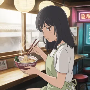 An anime scene of a character eating ramen at a small shop counter (slice-of-life style). - Ideogram Ideogram 3.0 (Quality)