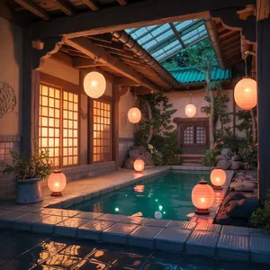 An enchanted bathhouse with glowing lanterns and spirits. Recreate the visual style of 'Spirited Away' by Studio Ghibli, with Miyazaki's ornate architecture and magical atmosphere. - Ideogram Ideogram 3.0 (Quality)