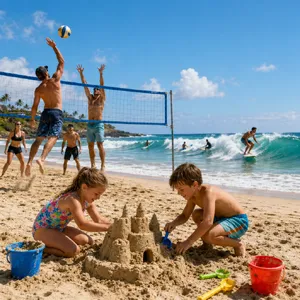 A beach scene: adults playing volleyball, kids building sandcastles, and surfers riding waves. - OpenAI GPT Image 2