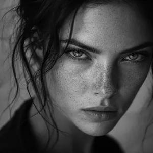 A black and white close-up portrait of a freckled woman with an intense gaze. - OpenAI GPT Image 2