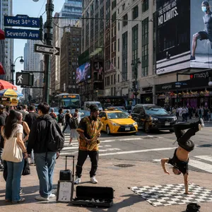 A busy city intersection with cars, pedestrians, and street performers all in one frame. - OpenAI GPT Image 2