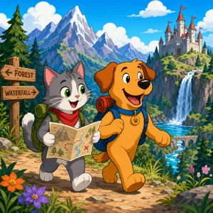 A cartoon of a cat and a dog on an adventure, drawn in a colorful 2D style. - OpenAI GPT Image 2