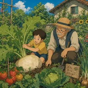 A child and elder tending oversized vegetables in a garden. Reproduce the artistic style of Studio Ghibli, with their distinctive character proportions and detailed plant illustrations. - OpenAI GPT Image 2