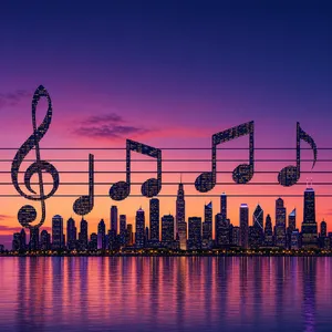 A city skyline that forms the shape of musical notes on a staff, created in a stylized graphic design aesthetic with clean architectural lines and dramatic twilight colors. - OpenAI GPT Image 2