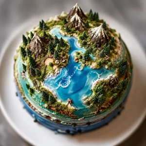A dessert cake that looks like a tiny planet, complete with miniature trees and mountains, photographed in a professional food photography style with tilt-shift focus effect. - OpenAI GPT Image 2