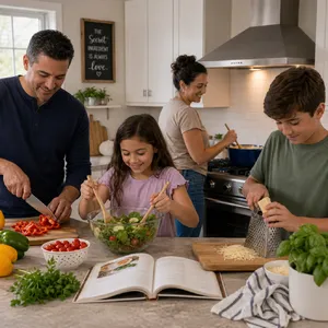 A family cooking together in a kitchen, each person busy with a different task. - OpenAI GPT Image 2