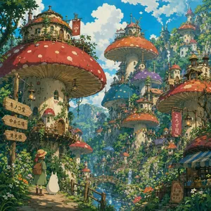 A forest of giant mushrooms with houses built on top of them, rendered in a whimsical Studio Ghibli-inspired art style with vibrant colors and fantastical details. - OpenAI GPT Image 2