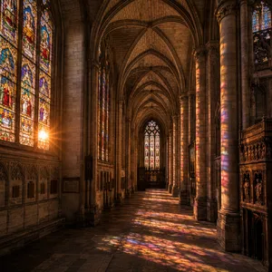 A Gothic cathedral interior at sunset with light streaming through detailed stained glass windows, creating colored patterns on stone floors and columns. Show accurate ribbed vaulting. - OpenAI GPT Image 2