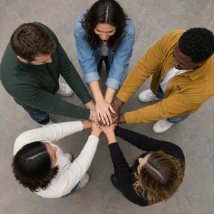 A group of five people joining hands in a circle, seen from above. - OpenAI GPT Image 2
