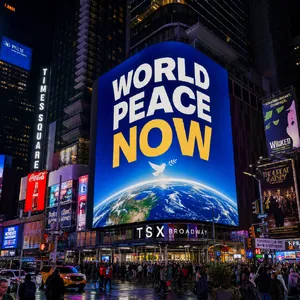 A large storefront billboard at Times Square displaying the slogan “WORLD PEACE NOW” in bold, clear letters, amidst a vibrant cityscape at night. - OpenAI GPT Image 2