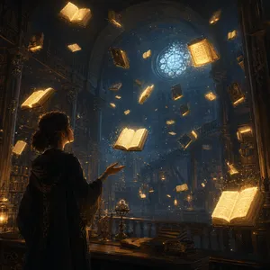 A library where the books are glowing and floating in mid-air, illustrated in a magical realism style with dramatic lighting and rich atmospheric colors. - OpenAI GPT Image 2
